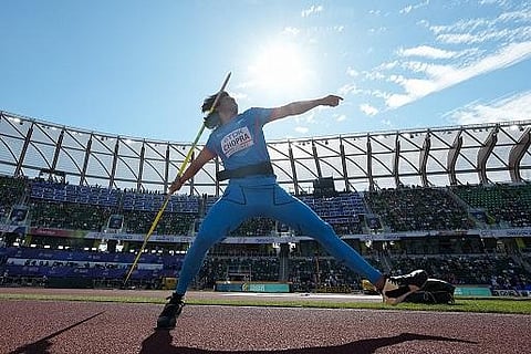 'Gold is the Goal': Neeraj Chopra in action. (Photo | AP)