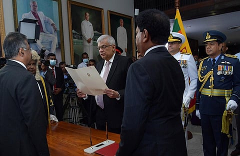 Sri Lanka's newly elected president Ranil Wickremesinghe taking oath during his swearing-in ceremony in Colombo, Sri Lanka. (Photo | Presidential Media Unit)