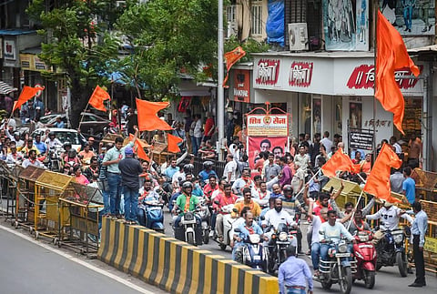 Shiv Sena supporters during a bike rally in support of Uddhav Thackeray, outside Shiv Sena Bhavan, Shivaji Park in Mumbai. (Photo | PTI)