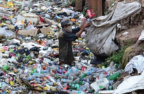 A ragpicker collecting plastic and glass bottles from a drain in Cuttack. (Photo| EPS)