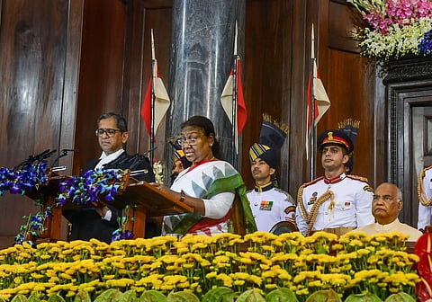 President Droupadi Murmu speaks after taking oath in the Central Hall of Parliament, in New Delhi, Monday, July 25, 2022. (Photo | PTI)