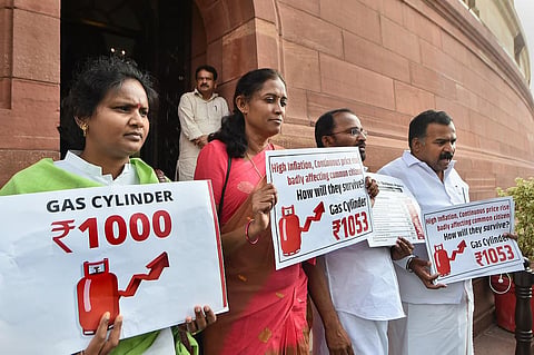 Congress MPs Manickam Tagore, TN Prathapan, Jothimani and Ramya Haridas after being suspended for rest of the session in the Lok Sabha, in New Delhi on Monday. (Photo | PTI)