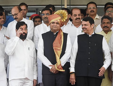 Newly-elected Maharashtra Assembly Speaker Rahul Narvekar with Maharashtra CM Eknath Shinde and Deputy CM Devendra Fadnavis. (Photo | PTI)