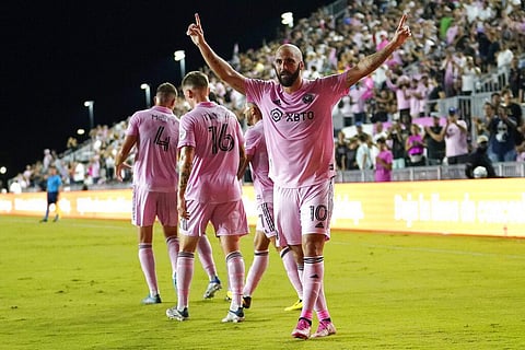 Inter Miami forward Gonzalo HiguaĂn, right, celebrates after scoring a goal during the first half of an MLS soccer match against FC Cincinnati. (Photo | AP)