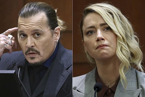 This combination of photos shows actor Johnny Depp testifying at the Fairfax County Circuit Court, left, and actor Amber Heard testifying in the same courtroom. (Photo | AP)