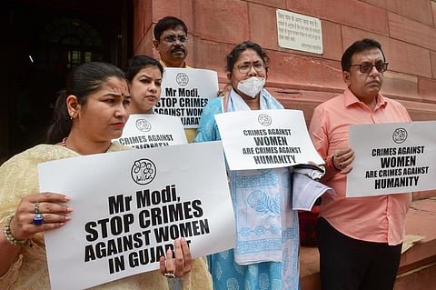 TMC MPs stage a protest at Parliament House complex during ongoing Monsoon Session, in New Delhi, Monday, Aug 1, 2022. (Photo | PTI)