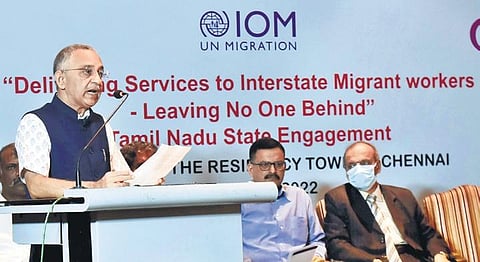Sanjay Awasthi, of International Organisation for Migration (IOM), speaks at en event regarding services for migrant workers, in Chennai on Wednesday | P Jawahar
