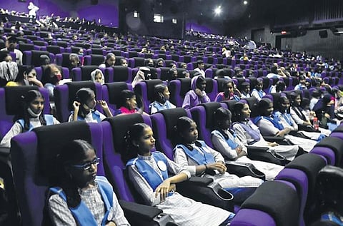 Students from various schools watch ‘Gandhi’ at a theatre in Hyderabad on Wednesday | vinay Madapu