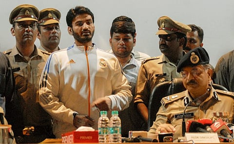 Gautam Buddh Nagar Police Commissioner Alok Singh addresses a press conference after the arrest of Noida-based politician Shrikant Tyagi, in Noida, Tuesday, Aug. 9, 2022. (Photo | PTI)