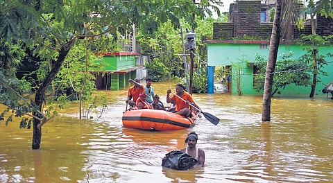 ODRAF team rescuing people from flood-hit Termanpur. (Photo | Debadatta Mallick, EPS)