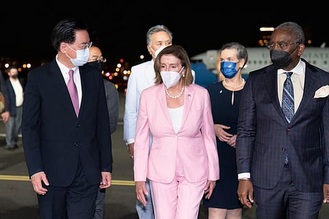 Speaker of the US House of Representatives Nancy Pelosi being welcomed upon her arrival at Sungshan Airport in Taipei. (Photo | AFP)