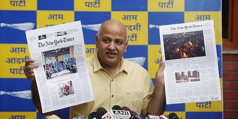 Delhi Deputy CM Manish Sisodia addresses a press conference at his residence in New Delhi on Saturday. (Photo | Express photo by Shekhar Yadav)