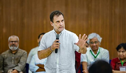 Congress leader Rahul Gandhi interacts with representatives of various civil society organisations during the 'Bharat Jodo Yatra' conclave at Constitution Club, in New Delhi. (Photo | PTI)