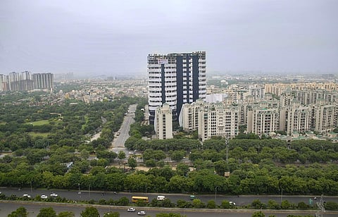Supertech twin towers ahead of their demolition with explosives in compliance with a Supreme Court order, in Noida, Wednesday. (Photo | PTI)