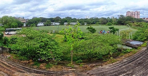 Overgrown grass has taken over the premises of Ambedkar Stadium, once a beehive of sporting activities, especially football. (Photo | A Sanesh)