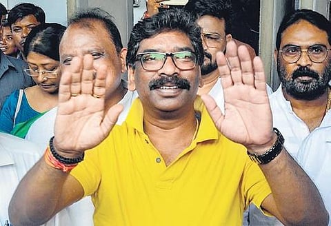 Jharkhand CM Hemant Soren gestures to media after a cabinet meeting | PTI