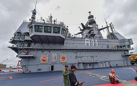 Navy personnel at Indigenous Aircraft Carrier (IAC) Vikrant at Cochin Shipyard, in Kochi on Friday, August 26, 2022. (Photo | PTI)