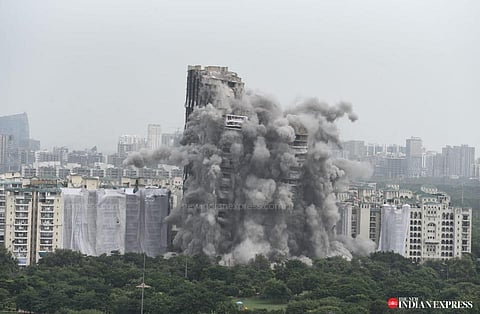 A visual of the demolition of Noida's Supertech twin towers on August 28, 2022. (Photo | Parveen Negi, EPS)