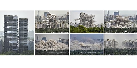 A combination of pictures show the demolition of Noida's Supertech twin towers on August 28, 2022. (Photo | PTI)