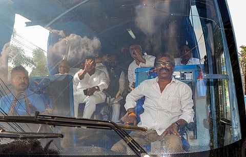 Jharkhand Chief Minister Hemant Soren with UPA MLAs leaves for Ranchi airport on way to Raipur amid speculation of his disqualification as an MLA, in Ranchi on August 30, 2022. (Photo | PTI)