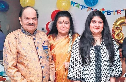 Atlas Ramachandran, wife Indu and daughter Dr Manju at his 80th birthday gathering in Dubai on Sunday. (File Photo)