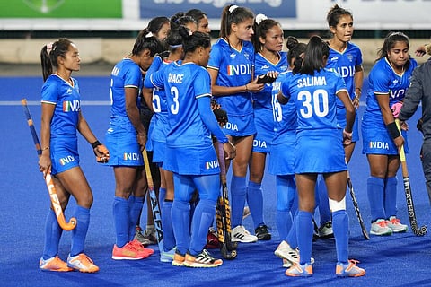 Indian players react after their loss in the women's semifinal hockey match against Australia at the Commonwealth Games in Birmingham. (Photo | AP)