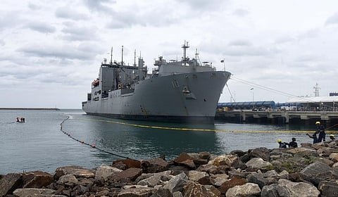 USNS Charles Drew at L&T’s shipyard in Kattupalli, Chennai, where it arrived for repairs and allied services. (Photo | Martin Louis, EPS)