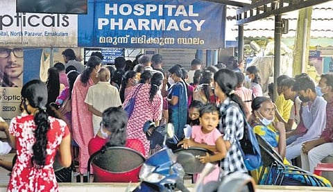 A huge crowd at the pharmacy of North Paravoor Taluk Hospital, Ernakulam, Fever clinics have been opened in public hospitals across Kerala . | A Sanesh
