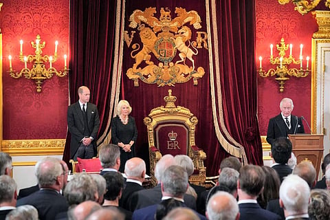 From left, Britain's Prince William, Camilla, the Queen Consort and King Charles III, before Privy Council members in the Throne Room at St James's Palace, London. (Photo | AP)