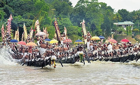 The ceremonial procession of snake boats held prior to the annual Uthrittathi boat race in the Pampa at Aranmula in Pathanamthitta on Sunday | Shaji Vettipuram