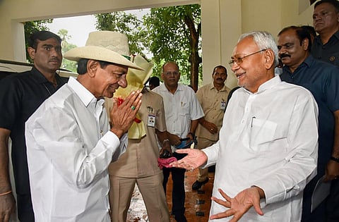 Bihar CM Nitish Kumar with Telangana counterpart K Chandrashekar Rao during a meeting in Patna. (File Photo | PTI)