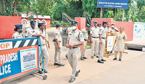 Police stand guard at the Collectorate in Vijayawada on Thursday as teachers’ union called for a protest demanding abolition of the CPS | Prasant Madugula