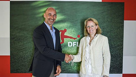 CEOs of FSDL and DFL, Martin Bain and Donata Hopfen pictured after signing the MoU between the two league organising bodies. (Photo | Twitter)