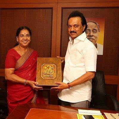 A file photo of Subbulakshmi Jagadeesan along with TN CM MK Stalin. (Photo | Twitter)