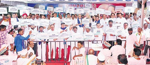 TNCC president KS Alagiri and former Union ministers P Chidambaram, Su Thirunavukkarasar, Digvijaya Singh and Salman Khurshid, among others, flagging off the three-day rally in Chennai on Sunday | EX