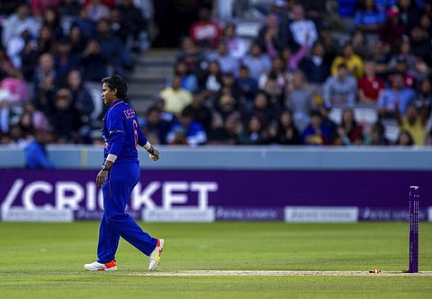 Deepti Sharma runs out England's Charlie Dean to win the third women's one day international match at Lord's, London on Sept. 24, 2022. (Photo| AP)