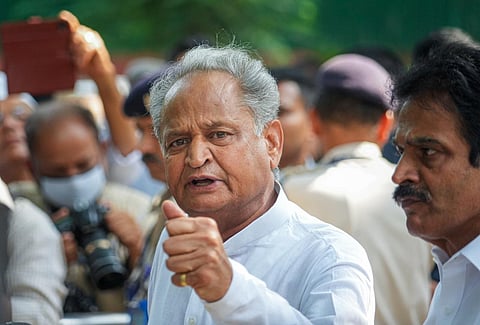 Rajasthan CM Ashok Gehlot and senior Congress leader K C Venugopal after meeting with party President Sonia Gandhi, at 10 Janpath in New Delhi ON September 29, 2022. (Photo | PTI)