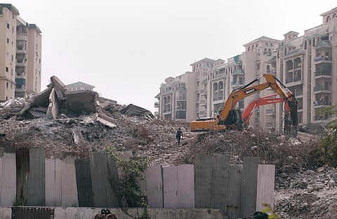 Debris clearance work underway at the site of the demolished twin towers of Supertech, in Noida, Friday, Sept. 2, 2022. (Photo |PTI)