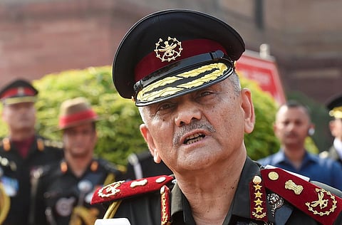 Chief of Defence Staff General Anil Chauhan addresses media after inspecting a Guard of Honour, in New Delhi on Friday. (Photo | PTI)