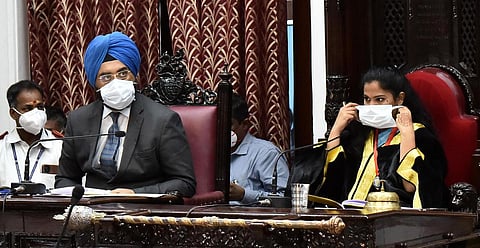 Mayor R Priya and Commissioner Gagandeep Singh Bedi during the council meeting held at Ripon Building. (Photo | P Jawahar)