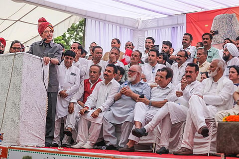 Former Chief Minister Ghulam Nabi Azad addresses a public rally in Jammu on Sunday. (Photo | PTI)