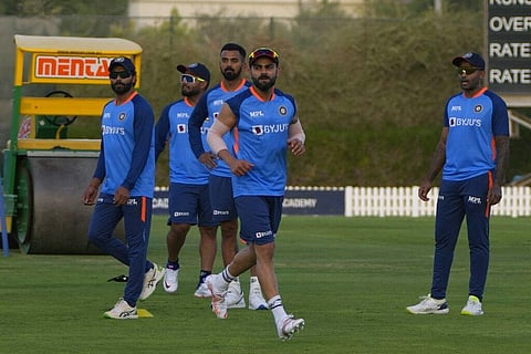 India's Virat Kohli, center, and teammates attend a practice session ahead of the Asia Cup, in Dubai United Arab Emirates, Friday, Aug. 26, 2022. (Photo | AP)