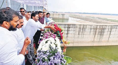 Chief Minister YS Jagan Mohan Reddy takes part in the inauguration of Mekapati Goutham Reddy Sangam Barrage in Nellore district on Tuesday I Express