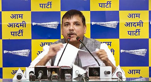 AAP leader Sanjay Singh during a press conference on Wednesday (Photo | PTI)