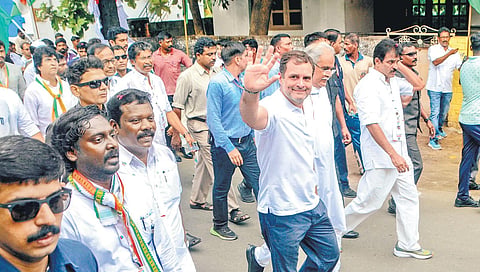 Rahul Gandhi waving at a camera during the march in Kanniyakumari on Thursday | V KARTHIKALAGU