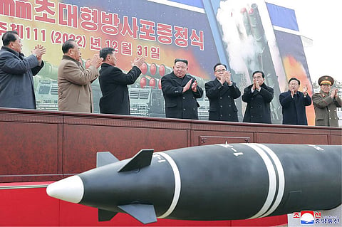 North Korean leader Kim Jong Un, attends a ceremony of donating a 600mm super-large multiple-launch rocket system in Pyongyang, Dec. 31, 2022. (Photo | AP)