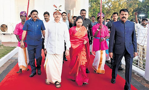 Governor RN Ravi being honoured with parivattam during a Pongal celebration at Raj Bhavan on Thursday | ASHWIN PRASATH