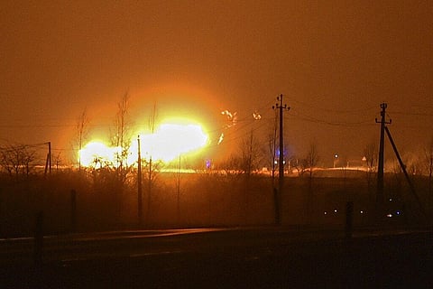 A flame rises after an explosion at a gas pipeline near Pasvalys, 175 km (109 miles) north of Vilnius in northern Lithuania on Friday, Jan. 13, 2023. (Photo | AP)