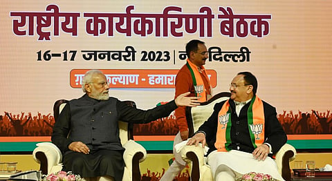 Prime Minister Narendra Modi with BJP President JP Nadda during the BJP National Executive meeting at NDMC Center in New Delhi. (Photo | Shekhar Yadav, EPS)