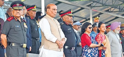 Defence Minister Rajnath Singh at the ASC Centre during the 75th Army Day in Bengaluru on Sunday | Nagaraja Gadekal